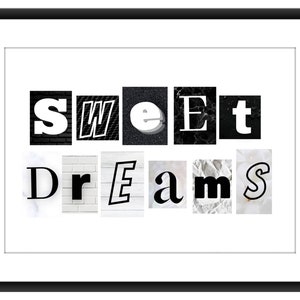 Dulces sueños A4 Imprimir collage negro + blanco decoración de pared, dormitorio, habitación para niños, nuevo regalo de casa, calentamiento de la casa, póster A3 guardería guardería galería pared