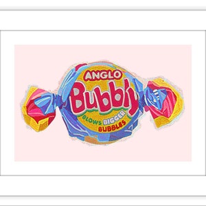 Bubble gum print nostalgia retro sweets food art A4 print, poster, kitchen, kids, sweet shop gift,pantry, pink bright, pop art