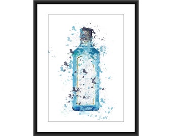 Amante de la ginebra barra de regalo decoración pared Regalo del Día de la Madre salpicadura A4 Poster Vintage Boho Bottle. Azul, vidrio negro floral. Comedor