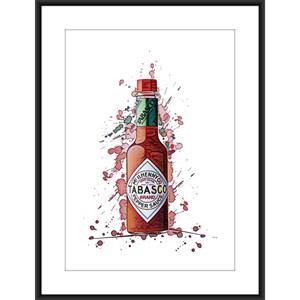 Pfeffer würzige Soße Boho Red Jar Paint Spritzflasche A4 Poster. Küche, Esszimmer, Vorratskammer. Ungewöhnliche Kunst. Retro.