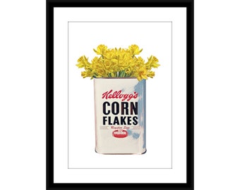 Kellogg’s cornflakes breakfast kitchen A4 Print retro, vintage, yellow daffodils bright home wall art Easter gift dining