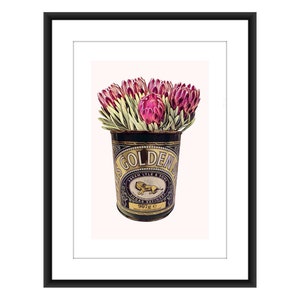 Vintage Boho Goldenes SirupGlas Boho Blumen A4 Poster. Retro-Stil Küche Pantry Esszimmer. Rosa Proteas geblümt