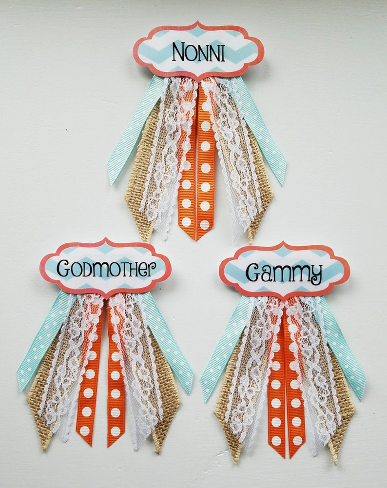 Baby Shower Corsage Pins - ANY NAME Set of 3 Custom Colors Personalized message seller with personalization and color choices