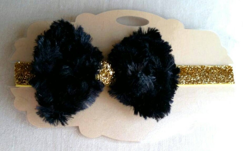 Black and Gold Faux Fur Bow Sparkle Headband
