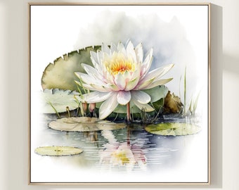 Impressão em aquarela de lótus branco: Pintura floral de nenúfares
