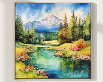 Aquarelprint van een bergrivier: Panoramisch landschap voor aan de muur