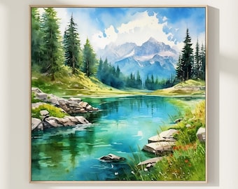 Aquarelprint van een bergrivier: Panoramisch landschap en natuurkunst