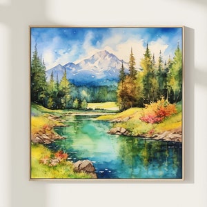 Mountain river watercolor blue yellow wall art panoramic landscape minimalist wall art mountains painting square abstract nature art print
