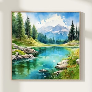 Mountain river watercolor realistic wall art panoramic landscape minimalist wall art mountains painting square abstract nature art print