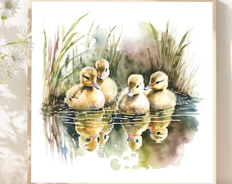 Patitos en el agua, lámina artística de acuarela