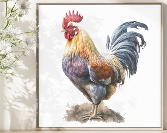 Watercolor Rooster Art Print: Farmhouse Chicken Painting
