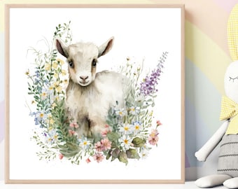 Watercolor baby goat with flowers painting fine art print. GT