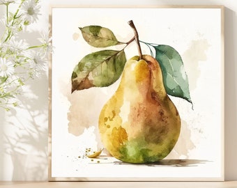 Pintura em aquarela de pera amarela: impressão artística de natureza morta na cozinha
