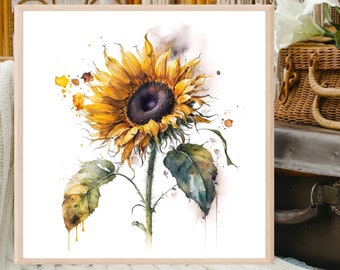 Impression d'art de tournesol, art mural floral, décor de ferme, peinture botanique, illustration de plante, cadeau de décoration d'intérieur. SU