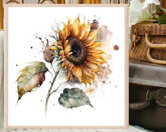 Sunflower painting print - Watercolor wall art - Sunflower kitchen decor - Floral fine art print. SU