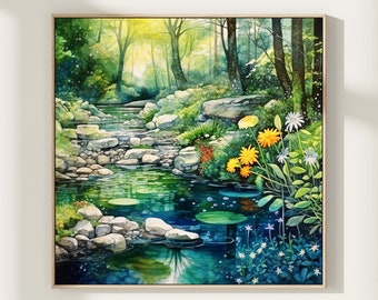 River Landscape Watercolor Art Print: Forest Stones Giclee