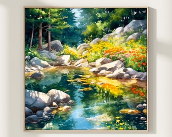River Landscape Watercolor Art Print: Forest Stones Giclee