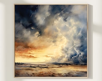 May include: A watercolor painting of a dramatic stormy sky with lightning bolts over a landscape. The sky is a mix of dark blue, gray, and white clouds with streaks of yellow and orange. The landscape is a flat, brown field with a few trees in the distance.