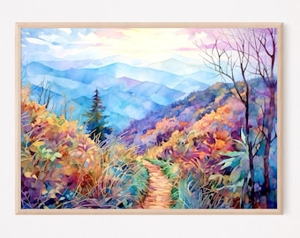 Appalachian Trail Blue Ridge Mountain Watercolor Painting Art Print Home Decor Gift