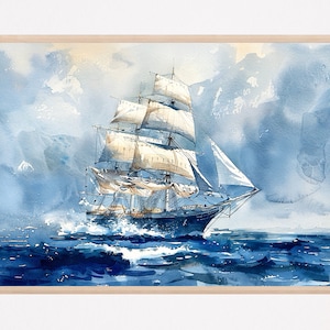 Three-Masted Sailing Ship Art Print: Watercolor Seascape Painting