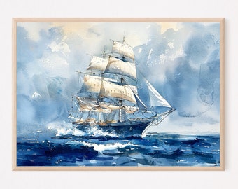 Impresión artística de un velero de tres mástiles: pintura marina en acuarela