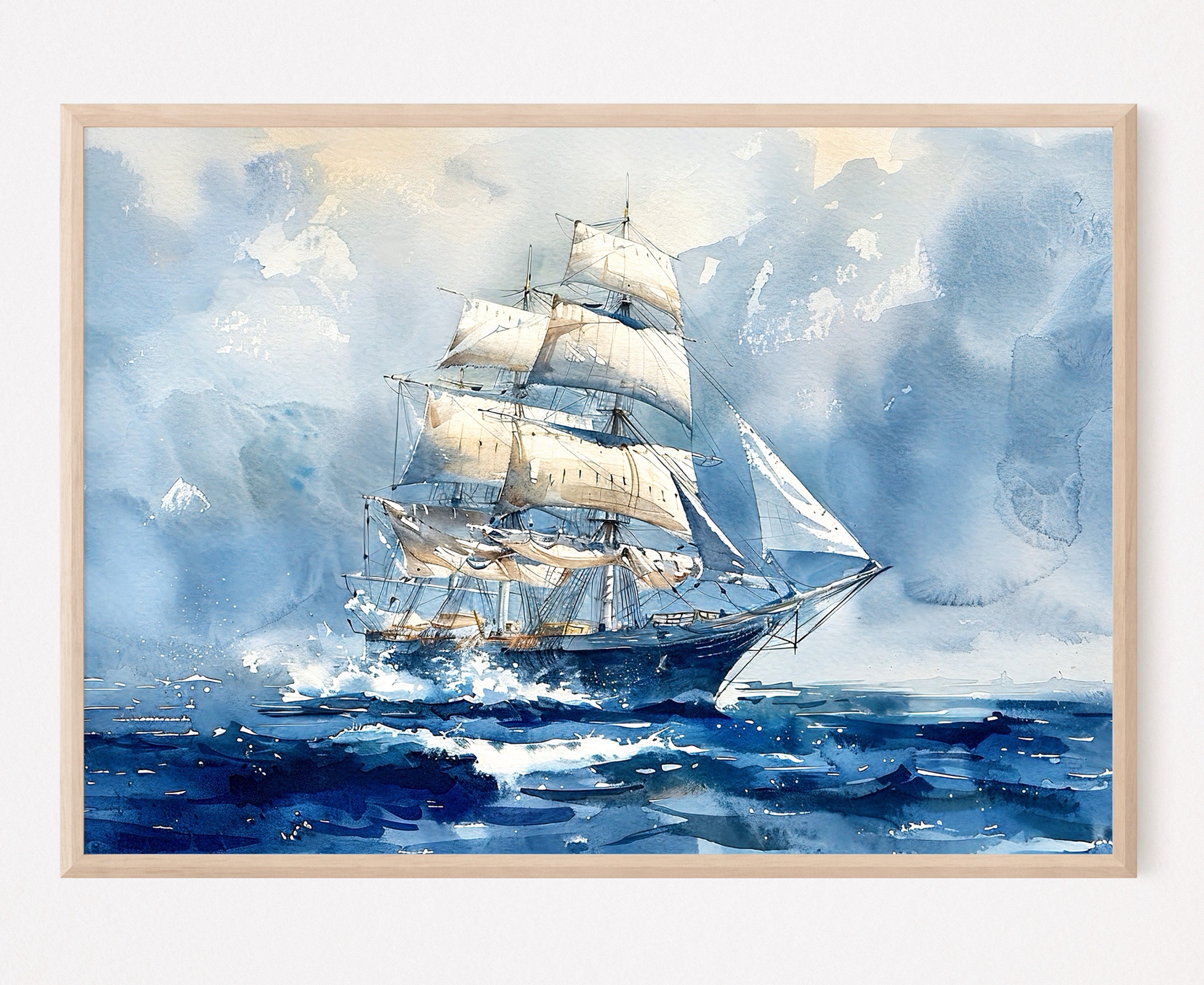 Three-masted Sailing Ship Art Print: Watercolor Seascape Painting - Etsy