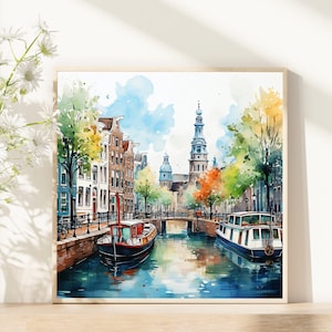 May include: Watercolor painting of a canal scene in Amsterdam, Netherlands. The painting features colorful buildings, a bridge, and two boats on the water. The sky is blue with white clouds.