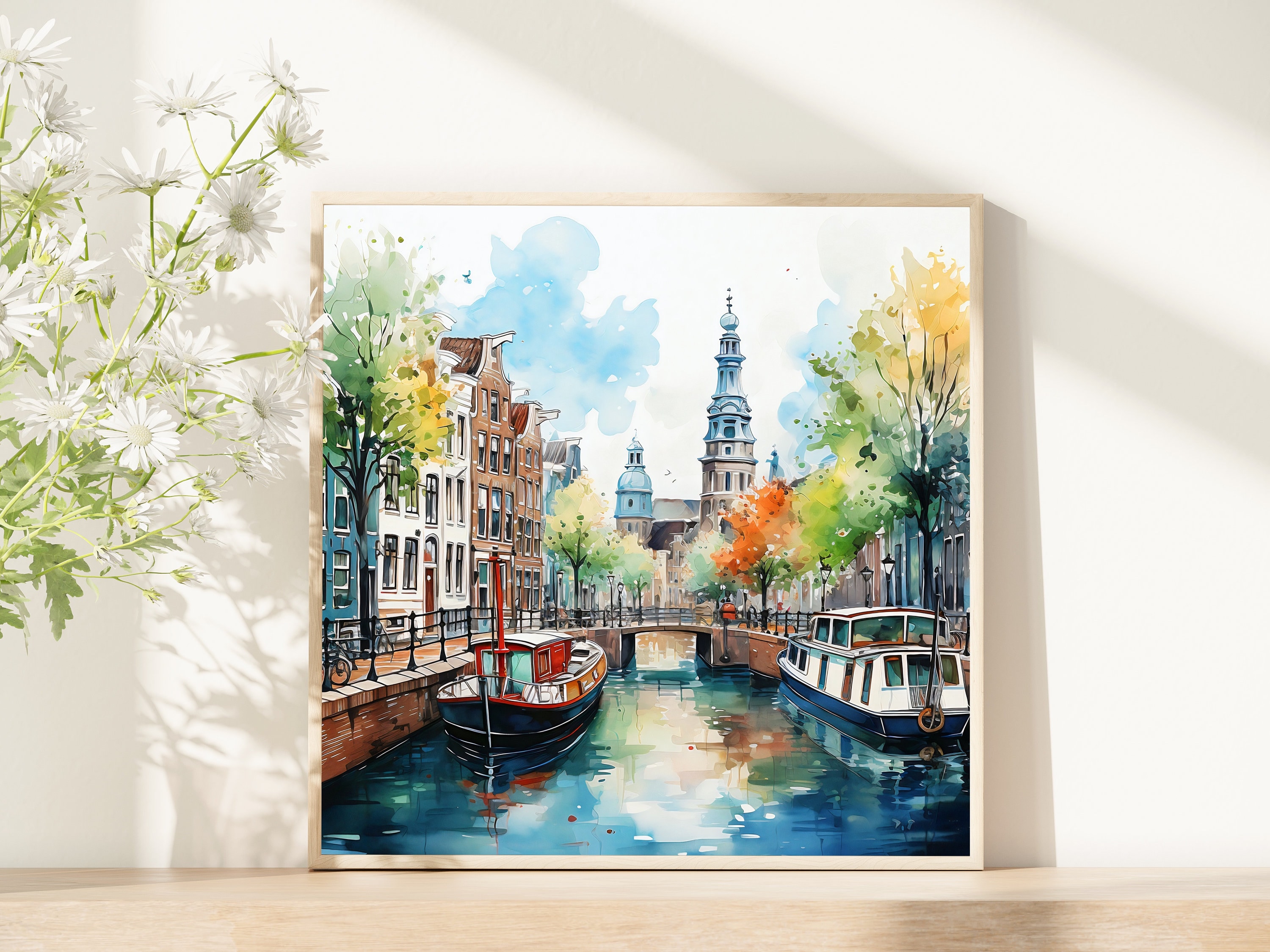 Amsterdam Canal Watercolor Print: Netherlands Houseboats Wall Art - Etsy