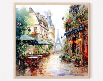 Impressão artística em aquarela da paisagem urbana de Paris: Torre Eiffel, café parisiense