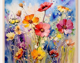 Wildflower Field Watercolor Painting, Boho Wall Art, Nature Print