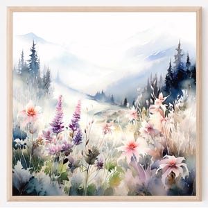 Nature Square Gallery Art Print, Wildflower Field Watercolor Painting Art Print, Colorado Landscape Wall Art, Home Decor Gift Art