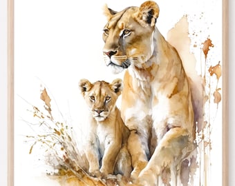 Leeuwin schilderij, aquarel van een leeuw en een welp kunstafdruk. LI