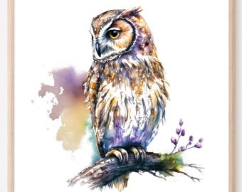 Owl Watercolor Wall Art Print, Cozy Cottagecore Nature Decor, Woodland Home Artwork