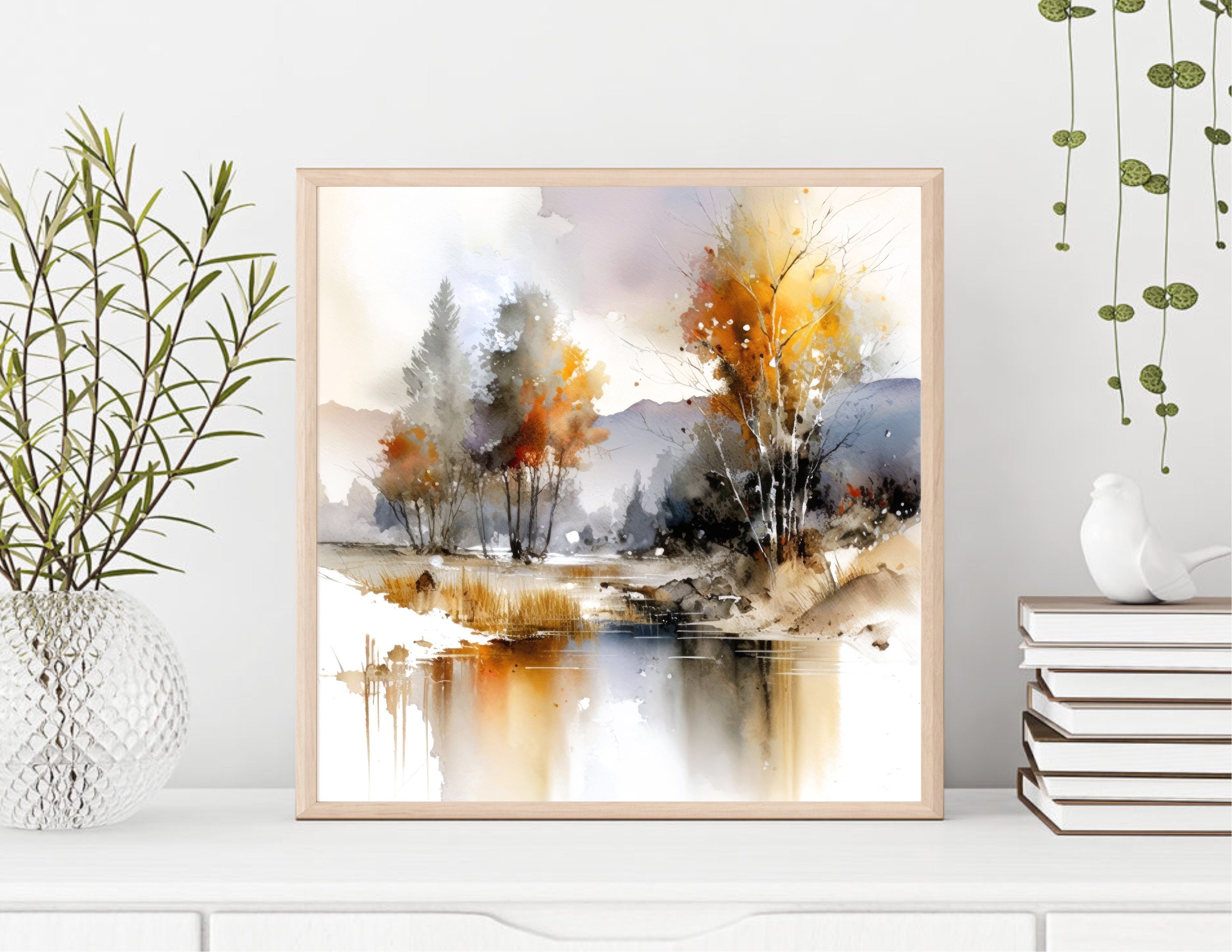 Autumn Lake Watercolor Painting: Fall Mountain Landscape Art Print - Etsy