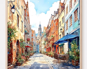 Stampa di arte urbana di Oslo: Paesaggio urbano retrò ad acquerello (quadrato)