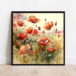 Poppy field wall art sunrise meadow watercolor painting abstract landscape fine art print wildflowers wall decor. RP image 5