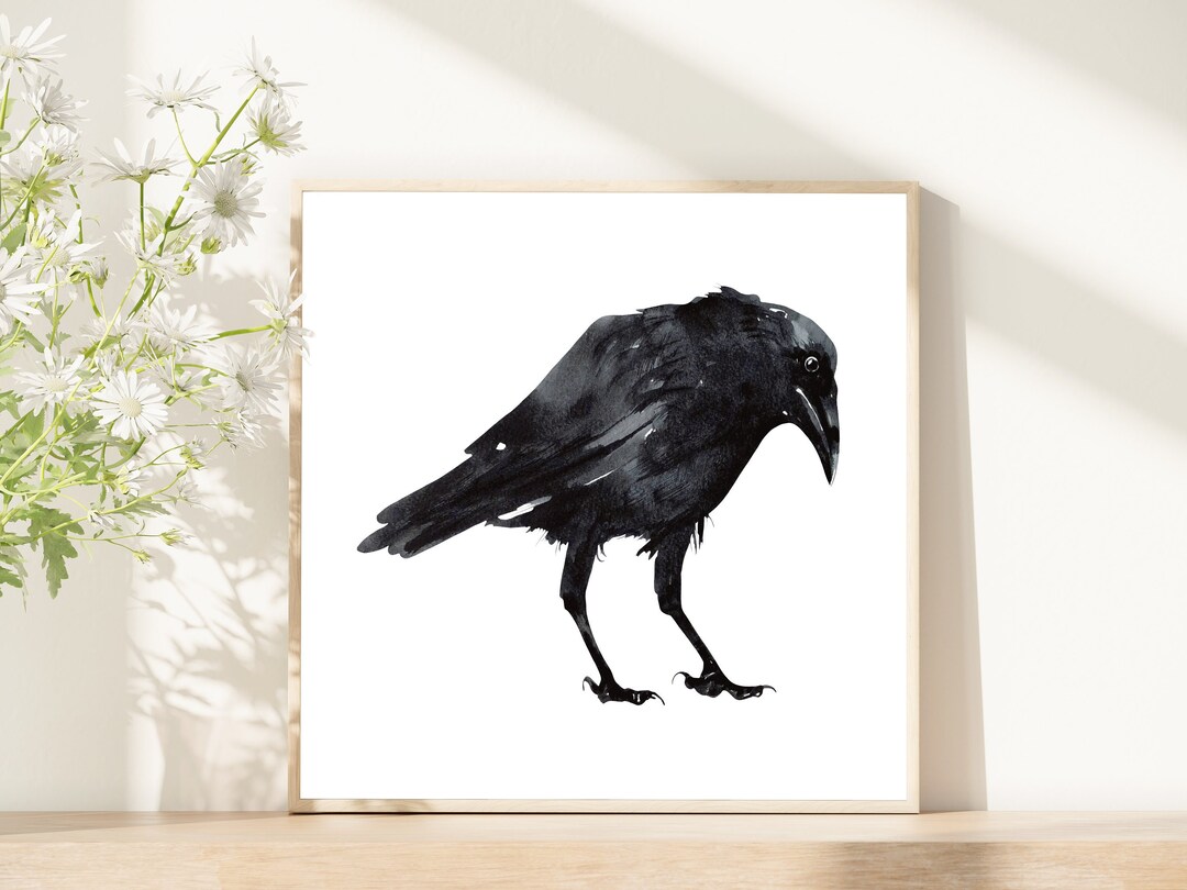 Raven Watercolor Painting Art Print, Black Bird Wall Art, Crow Painting
