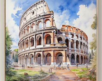 ローマの絵画、コロッセオの絵、イタリアの建築、ローマの壁画、水彩画