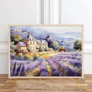 May include: A watercolor painting of a stone house with a lavender field in the foreground. The house has a pointed roof and is surrounded by trees. The lavender field is in full bloom and the flowers are a vibrant purple.