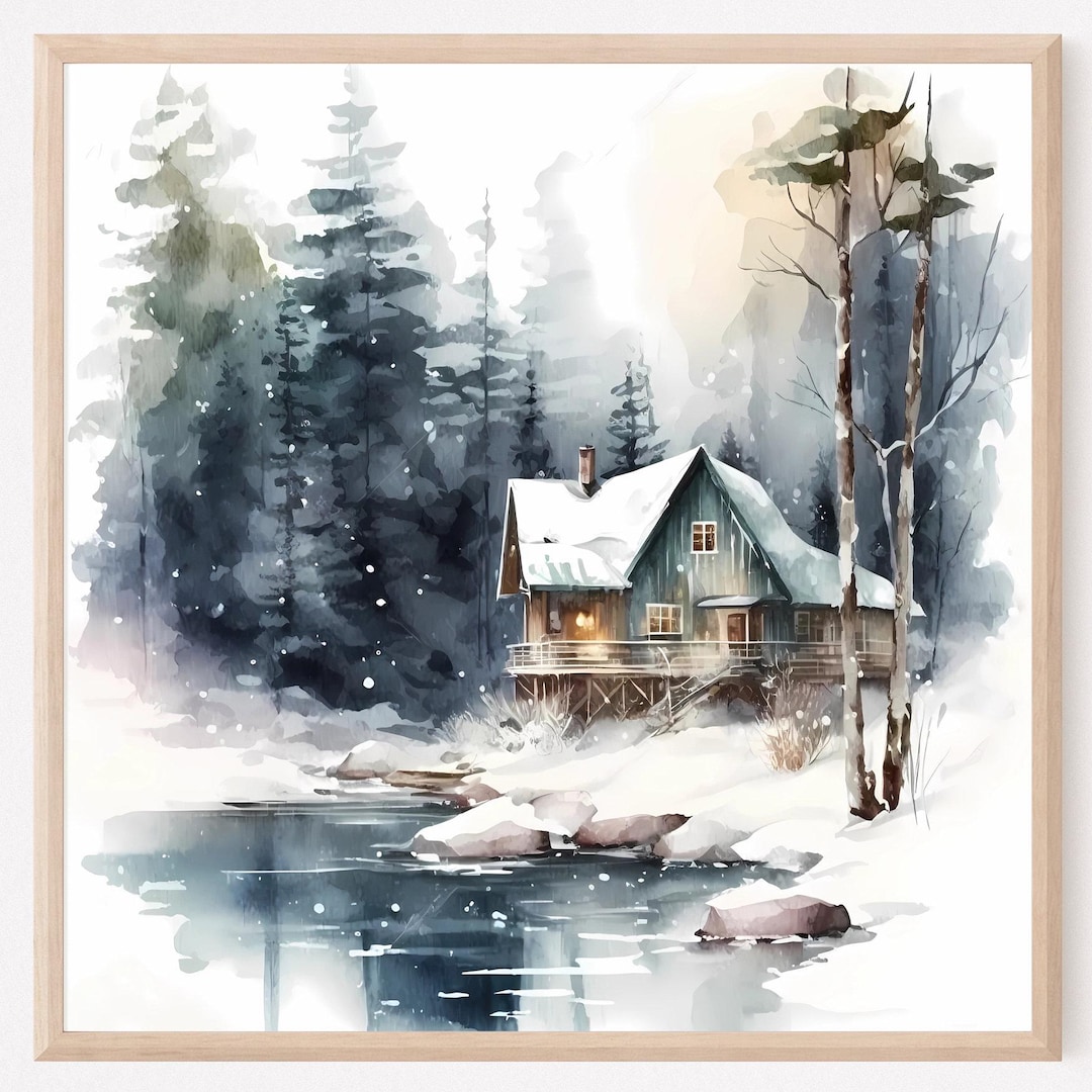 Forest Cabin Painting, Mountain Lake Print, Canada Landscape Watercolor ...