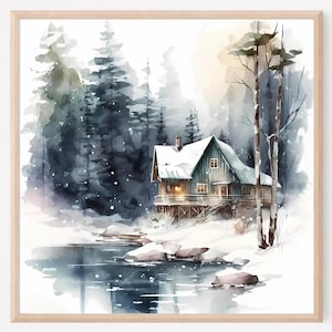 Forest cabin painting, Mountain lake print, Canada landscape watercolor painting, Winter wall decor. WL