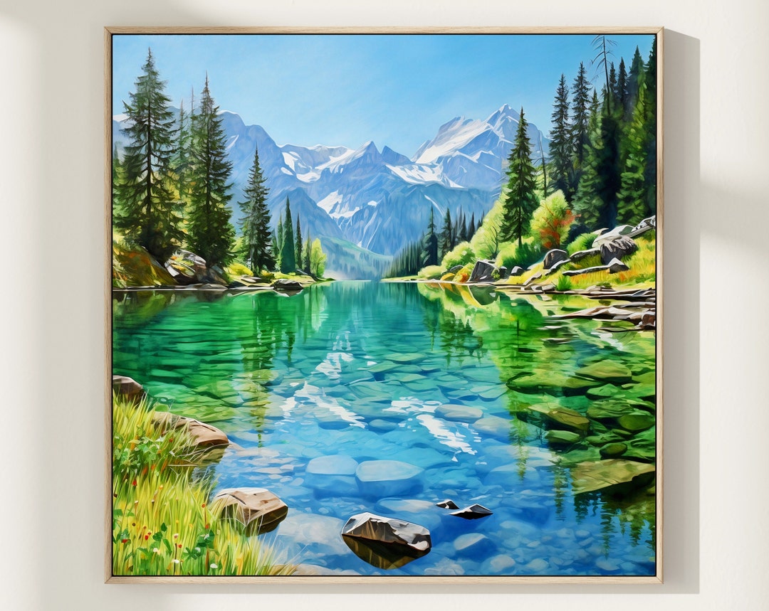 Mountain Lake Watercolor Blue Green Wall Art Panoramic Landscape Vivid ...