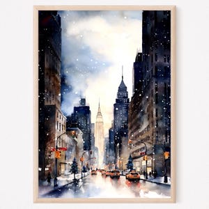 New York Print, Cityscape Wall Art, Watercolor Painting, City View Art Vertical, Home Decor Gift, NYC Wall Art, Winter In City