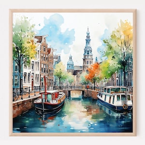 アムステルダムの水彩画、ハウスボートの壁画、オランダの風景、アムステルダムの運河のポスター、建築の壁画、ハウスボートのプリント。アムステルダム