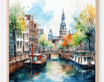 Amsterdam Watercolor, House Boats Wall Art, Netherlands Scenery, Amsterdam Canal Poster, Architecture Wall Art, House Boat Print. AMSTERDAM