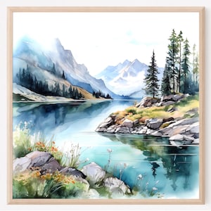 See Berglandschaft Kunst in Aquarell, Wald See Quadrat Poster, Druck von See Wohnkultur Geschenk Art