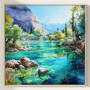 River Painting Print Blue Green Watercolor Art  Watercolor Nature Painting, Landscape Print National Park Of The Blue Eye In Albania