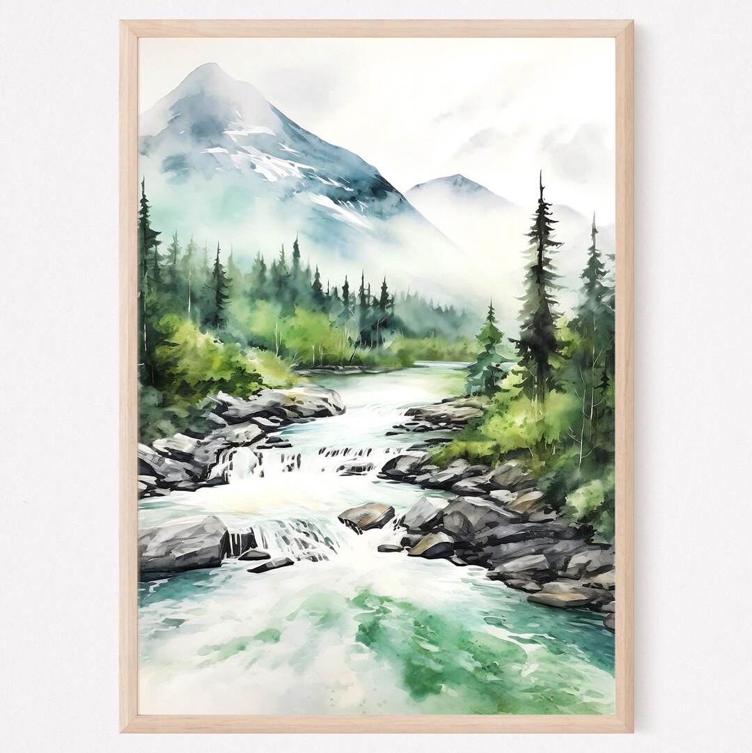 山と川の水彩画プリント：青と緑の風景画 - Etsy 日本