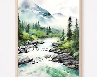 Impressão em aquarela de rio de montanha: Arte de paisagem azul e verde