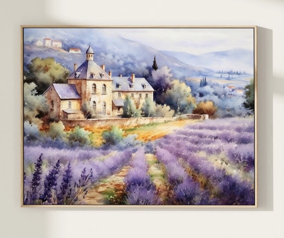 Tuscany Lavender Field Art Print: Italy Landscape Watercolor Painting